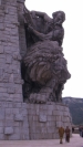 Granite Sculptures at the base of Valle de los caidos Catholic basilica and a monumental memorial 150-metre-high (500 ft) cross - Madrid Spain